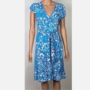 Lilly Pulitzer Shorely XS Wrap Dress Short Sleeve‎ Blue Seashell Starfish Print